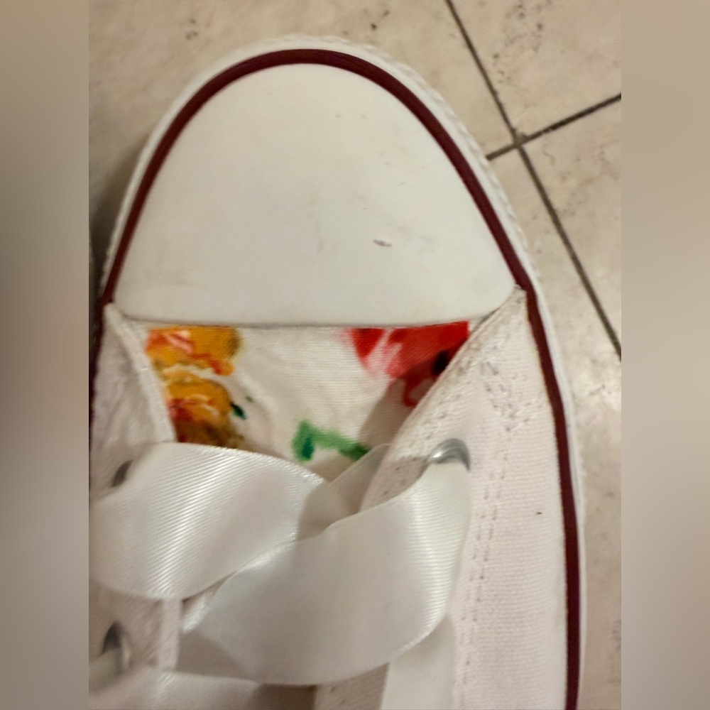 Hand Painted Converse Women's White Satin Lace Sneakers - Picture 4 of 11